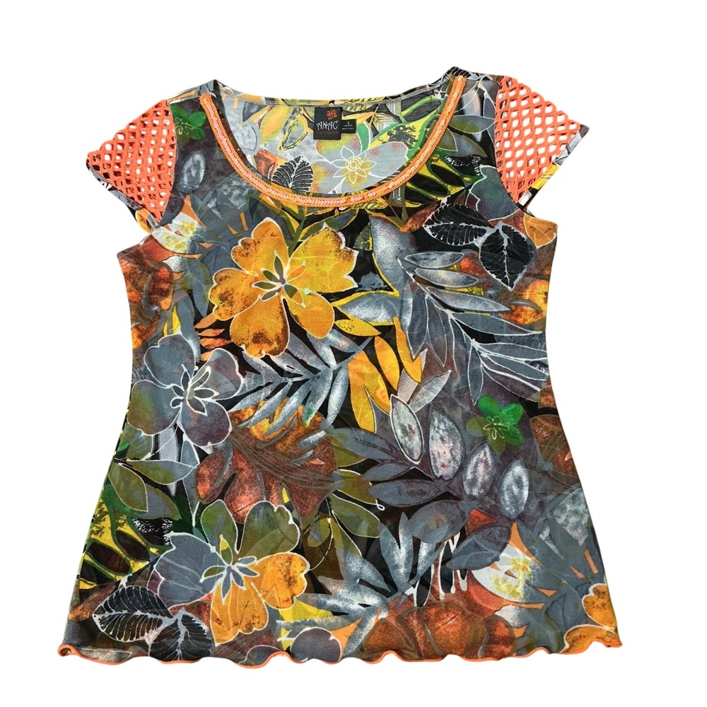 Anac Tropical Floral Mesh Sleeve Top Womens Large Orange Y2K Sequin Lettuce Hem